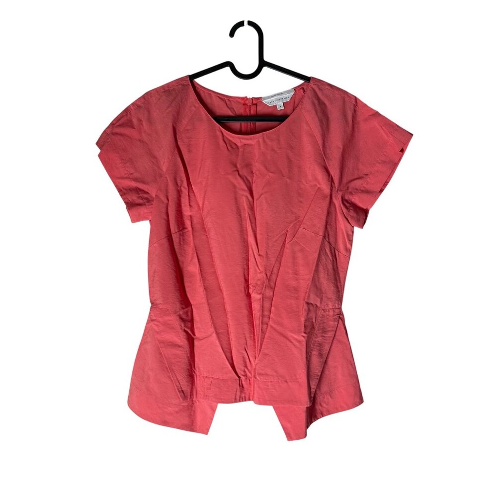 Veronika Maine Coral Asymmetric Hem Italian Fabric Short Sleeve Blouse Size 8